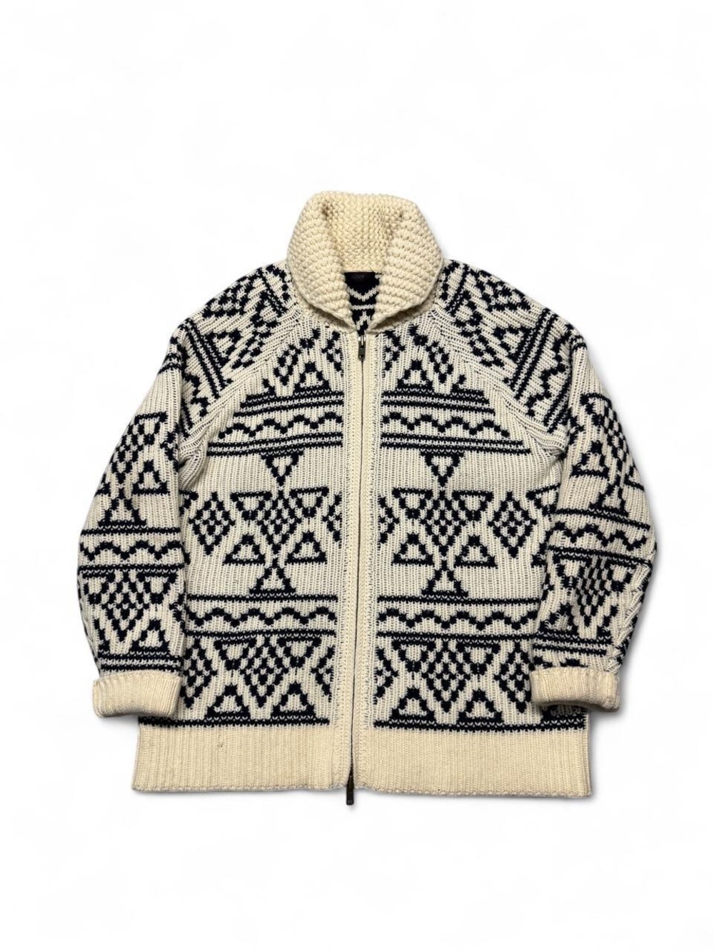 J.Crew 100% lambswool full zip fair isle geometric sweater cream L women’s cowl
